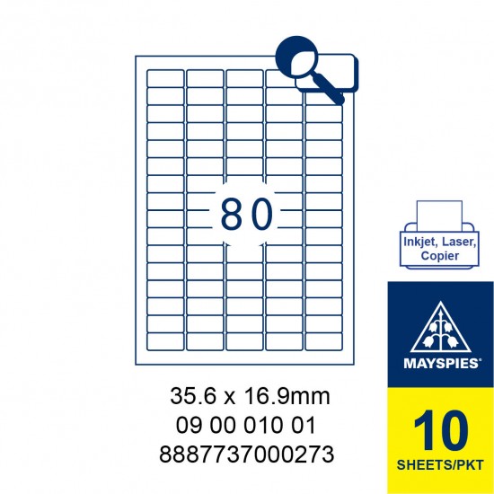 MAYSPIES 09 00 010 01 LABEL FOR INKJET / LASER / COPIER 10 SHEETS/PKT WHITE 35.6 X 16.9MM